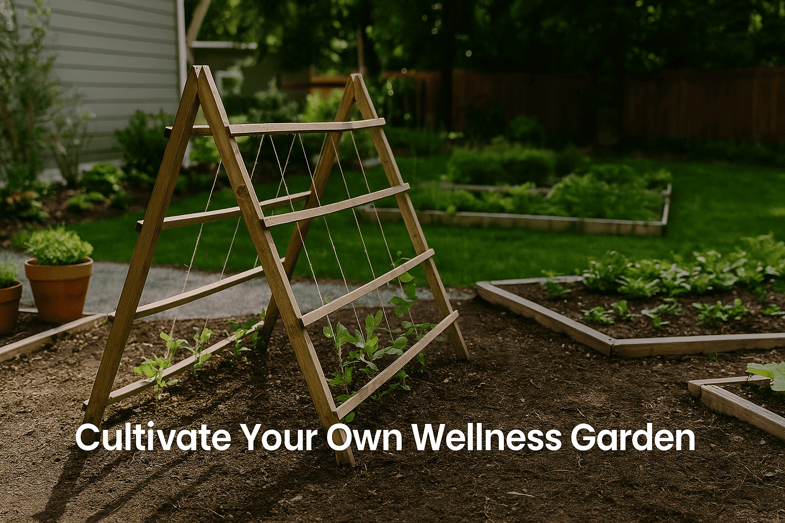 Urban Plant – A peaceful backyard garden with raised beds, terracotta pots, and a wooden A-frame trellis, symbolizing how to cultivate your own wellness garden for health and mindfulness.